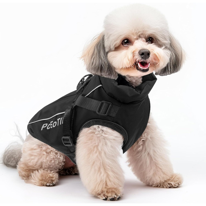 Водонепроникний собачий дощовик для маленьких собак, тепла світловідбиваюча куртка з шлейкою для зими, костюм для катання на лижах, бавовна, чорний собачий пуловер S