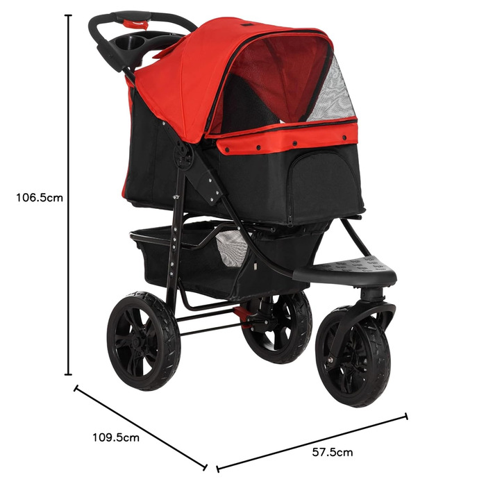 PawHut Складаний візок для собак, переноска для тварин, маленький візок для собак з 3 колесами, сітчасте вікно, кошик для зберігання та ремені безпеки, 109,5x57,5x106,5 см, Червоний