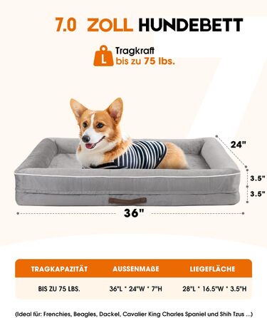 Ортопедичне ліжко для собак великих порід, корзина для собак, що можна прати, з яєцеподібною піною, водовідштовхувальне ліжко для собак з неслизьким дном та чотиристоронньою подушкою (світло-сірий, 91x61x18 см)