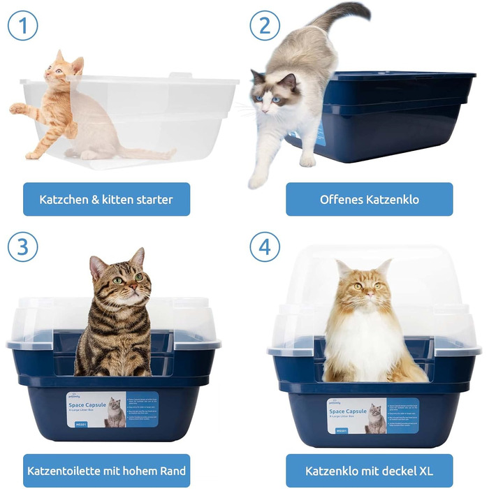 Котячий туалет 3-в-1 з кришкою XXL, велика закрита туалетна коробка для котів з високим бортиком, синій 55x45x44 см