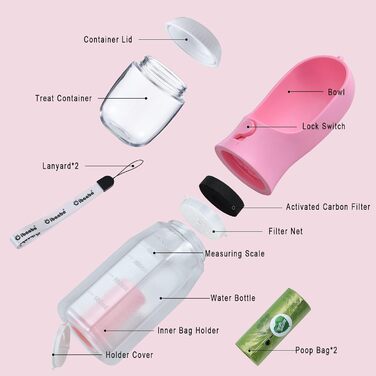 Водяна пляшка для собак Cibaabo з контейнером для корму та тримачем для відходів, 590 мл, портативний диспенсер для домашніх тварин, з витокозахисним замком, фільтром з активованого вугілля для пиття, годування, подорожей, прогулянок та походів