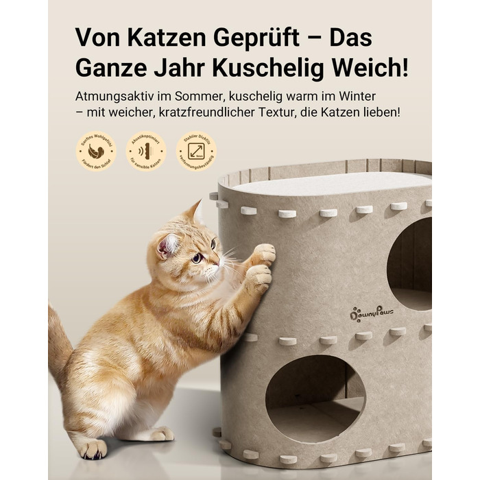 Будиночок-печеринка для котів DownyPaws з фетру, 2-ярусне ліжко для котів, 50 x 33 x 50 см, затишний дизайн, захист кігтів, бежевий