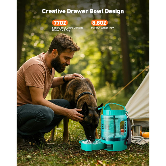 Травельна пляшка для собак - годівниця для води, витокозахисна, для великих тварин, ідеальна для прогулянок, кемпінгу, пляжу (м'ятно-зелена)