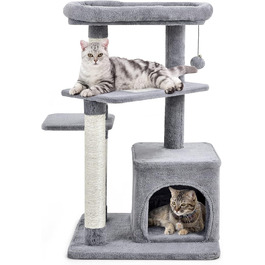 Дряпак для котів COSTWAY, 85 см, з будиночком, м'яким сидінням, м'ячиком та сизалевими стовпчиками, сірий