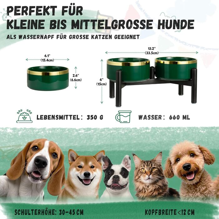 Миска для собак Keraik піднята на підставці з нержавіючої сталі - подвійна миска для корму та води для собак маленьких та середніх порід - неслизький набір мисок для собак - 350г / 660л - 15c - (M, Зелений)