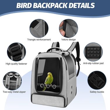 Рюкзак-переноска для птахів Vogel-Rucksack з лотком, жердочкою та годівницею, водонепроникний килимок, сірий, для папуг та середніх птахів