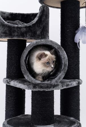 Дряпка для котів Petrebels Victoria 125 см, преміум, чорна, з лежанкою, ігровою трубою, будиночком і товстими стовпами Ø12 см