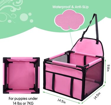 Автокрісло для собак: міцне, водовідштовхувальне, для малих та середніх порід, рожеве, з рамою