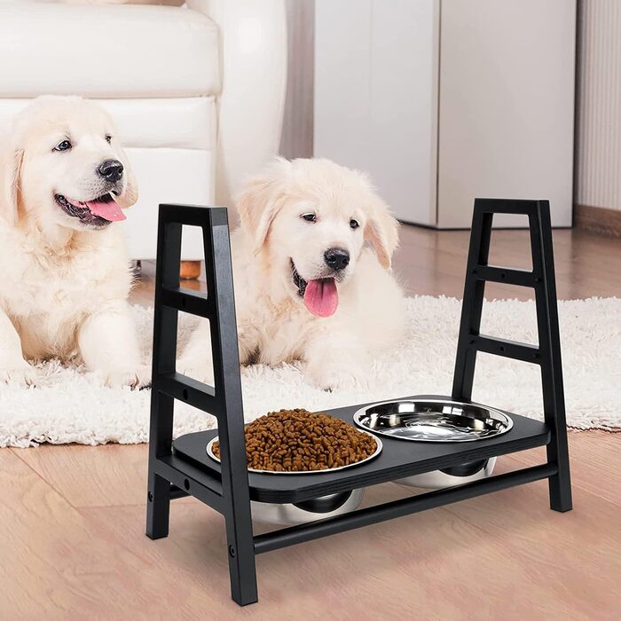 Підставка для годівлі собак з регулюванням висоти, дерев'яна, з двома мисками з нержавіючої сталі, нахил 15°, регулювання по висоті в 3 положеннях