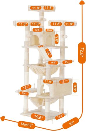 Котячий будиночок Heybly XXL 185,4 см, багаторівневий ігровий комплекс для великих домашніх котів з лежаком, плетеним кошиком, м'якою площею для відпочинку та стовпчиками для дряпання (бежевий)