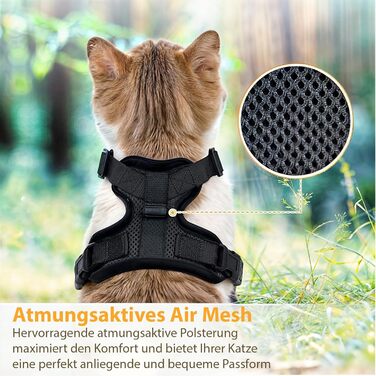 Зручна шлейка для кота з повідцем, повітропроникна Air Mesh, чорна, розмір S, для шиї 28-35 см і грудей 45-51 см, легке надягання