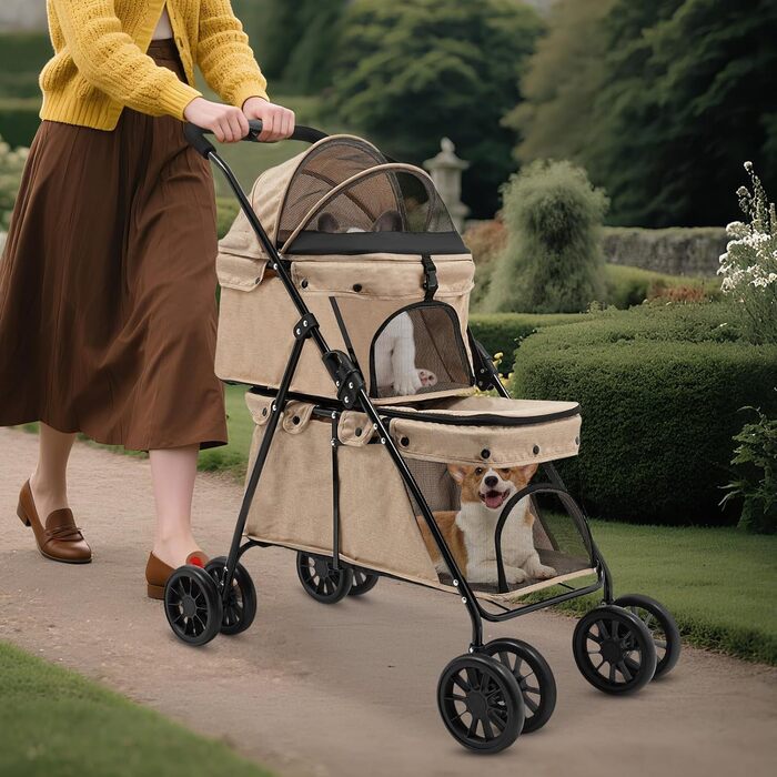 Складаний візок для собак та котів, 2-рівневий, з сумкою та ременями безпеки (Хакі)