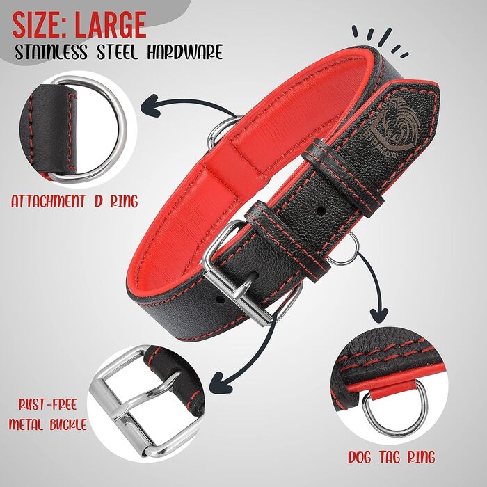 Нашийник для собак Riparo з екошкіри, регульований, посилений, чорно-червоний, L