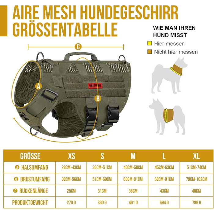 Шлейка для собак OneTigris AIRE MESH, середнього розміру, тактична, анти-тяга, з 2 ручками, регульована, не тягне, дихаюча, зелена, S (ОБ: 36-51 см, Груд: 51-69 см)
