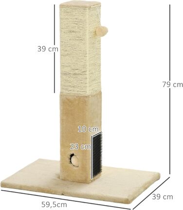 Котячий будиночок PawHut з когтеточкою 79 см, когтеточки з сизалевого мотузка, 2 іграшки-м'ячики, для середніх котів, бежевий