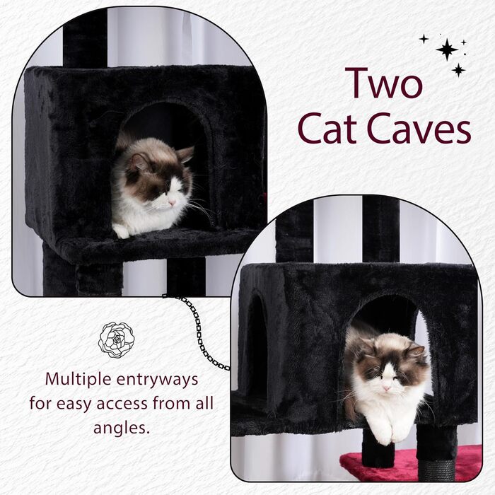 Дерев'яний будиночок для котів Hey-brother з розширеною конструкцією, широкими платформами, затишними печерами, гамаками, сизалевими стовпчиками та м'ячиком, 178 см, MPJ038W (Чорний та Червоний)