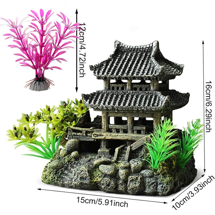 Декорація для акваріума ODOOKON: Стара будівля в східному стилі, 5 штучних рослин, 16x15x10 см