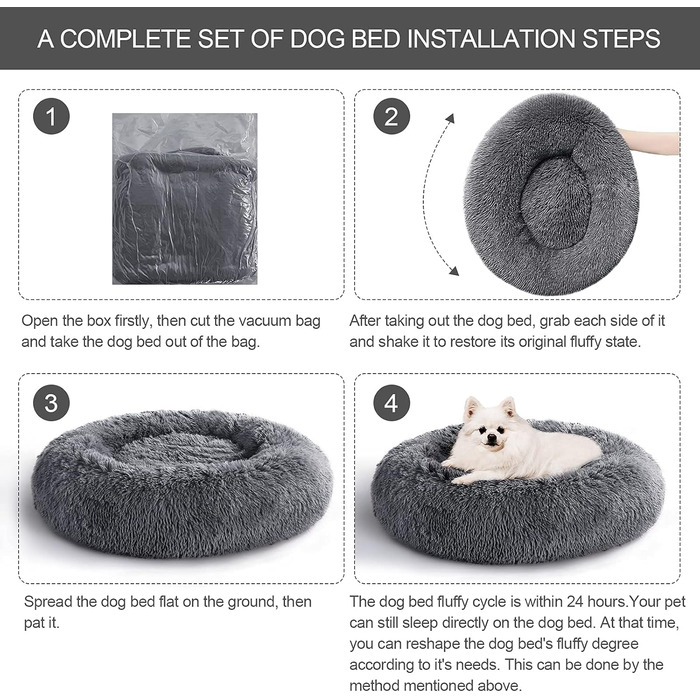 COOSLEEP HOME: М'яке ліжко для собак та котів з штучним хутром, Donut-подушка, водонепроникне дно, машинного прання, міцне (S, 58,4 x 58,4 см, темно-сірий)