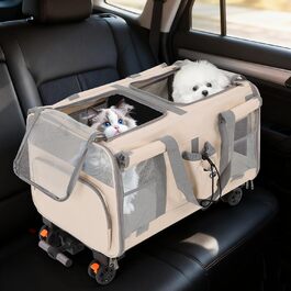 Транспортна переноска для кота та собаки Apriltop з двома відсіками та колесами, 60x40x45 см, складана, для 2 котів до 17.5 кг, для подорожей, кемпінгу, покупок (Бежевий)