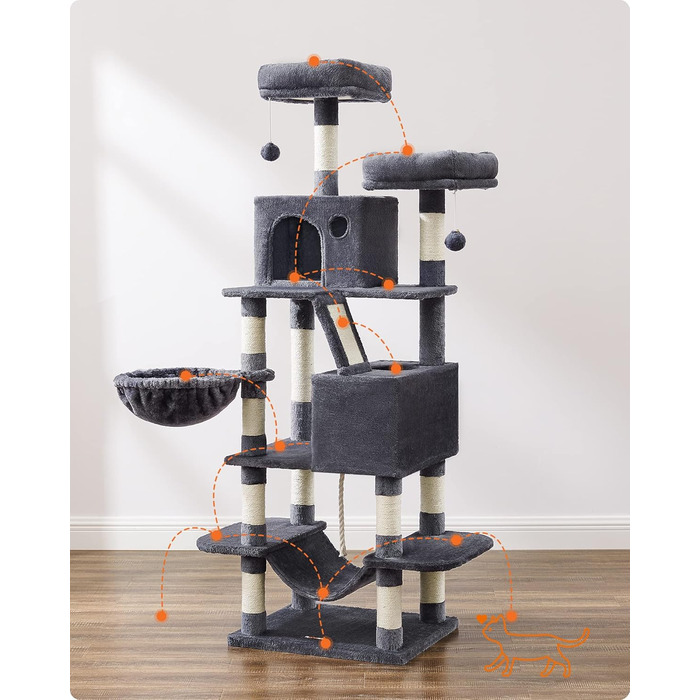 Комплекс для котів Feandrea PCT165G01, 168 см, сірий, з 13 стовпчиками, 2 платформами, 2 будиночками, гамаком та іграшками