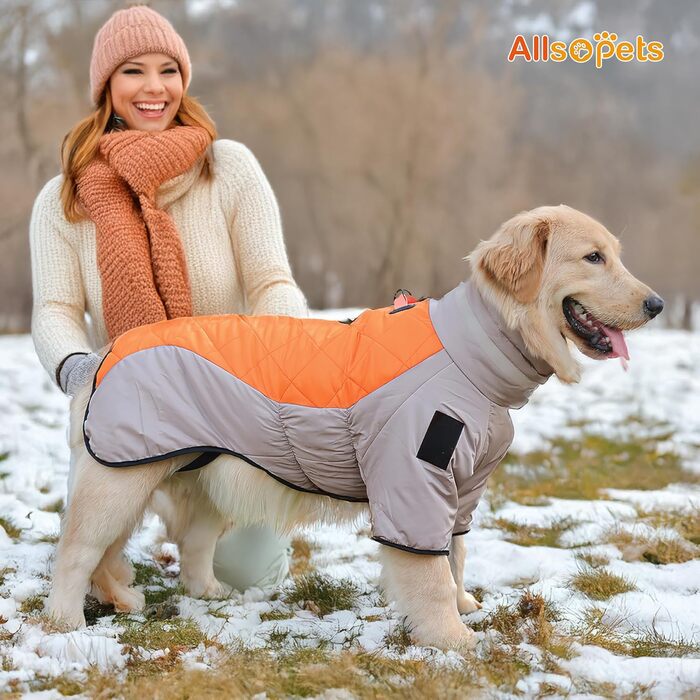 Водонепроникний дощовик для собак середніх та великих порід ALLSOPETS, тепла зимова куртка з світловідбиваючими смугами, вбудованим повідком, захист від вітру (Вогняно-помаранчевий, 5XL)