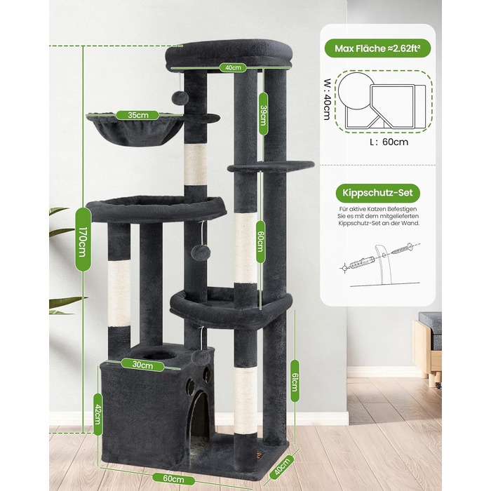 Комплекс для котів Kratzbaum XL 170 см сірий: будинок, дряпки, платформа, гойдалка