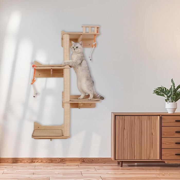 Кігтеточка на стіну MIUZMORE: 7 елементів, полиці та стійки з сизалю, кріплення, кігтешкреб для котів, компактні меблі для дому