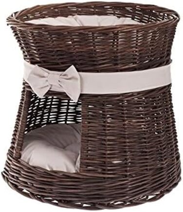 Кішка Будинок Круглий з Плетеної Лози Венге-Сірий, Двоярусний Корз для Кішки з Подушкою та Стрічкою, Кішка Тур, Темно-Коричневий_Бежевий