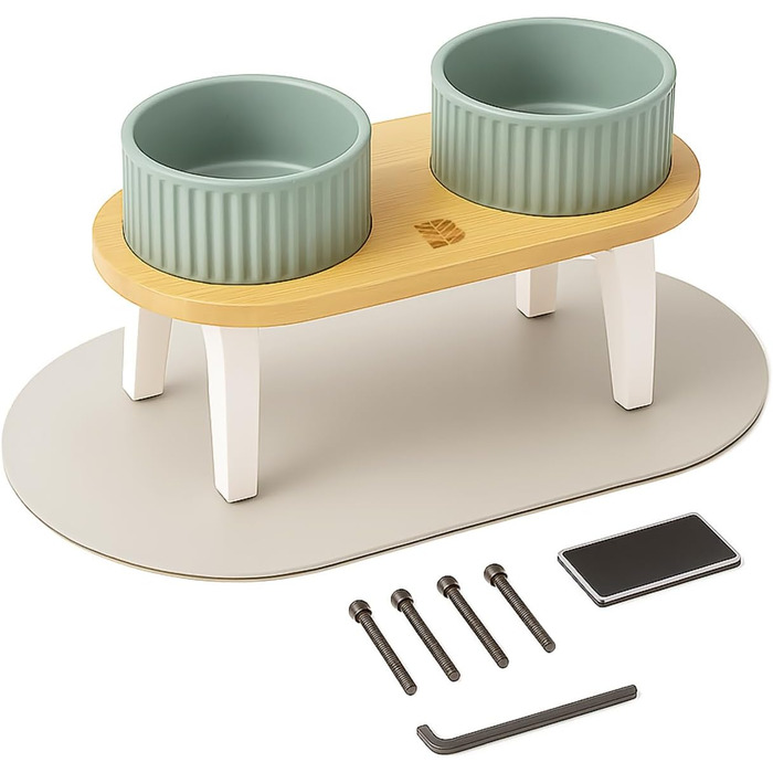 Миска для собак BELMIN, піднята - миска для води та їжі для собак, піднята годівниця для великих собак та котів, 2 регульовані висоти, миска з кераміки з бамбуковим підставкою, неслизький килимок