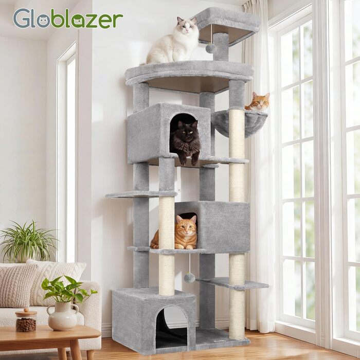 Комплекс для котів Globlazer XXL (203 см) для 4-6 великих котів, сірий: будиночок, платформа, іграшки