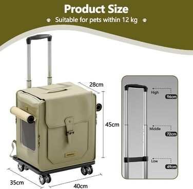 Рюкзак для тварин Galatée з колесами, візок для домашніх тварин, сумка для подорожей з собаками з знімними колесами, рюкзак для собак з сітчастими вентиляційними вікнами (білий) (зелений)