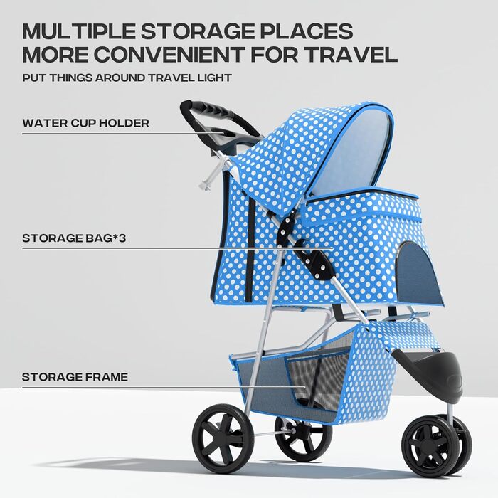 Дитяча коляска для котів та собак, 3 колеса, складна, з кошиком та тримачем для напоїв (Блакитний/У крапку)