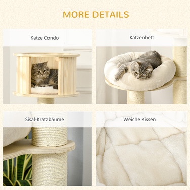 PawHut Cat Tree with Cat Cave висотою 122см, три рівня, дерево, стовбури з сизалю, ігрові м'ячі для активних котів