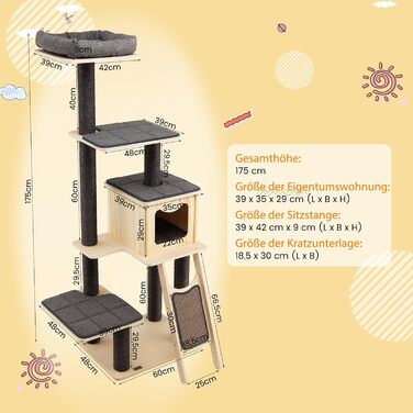 Дерев'яний котячий комплекс COSTWAY, 175 см, з будиночком, сизалевими стовпчиками, платформами та дряпалкою, 6-ярусний, сірий+бежевий