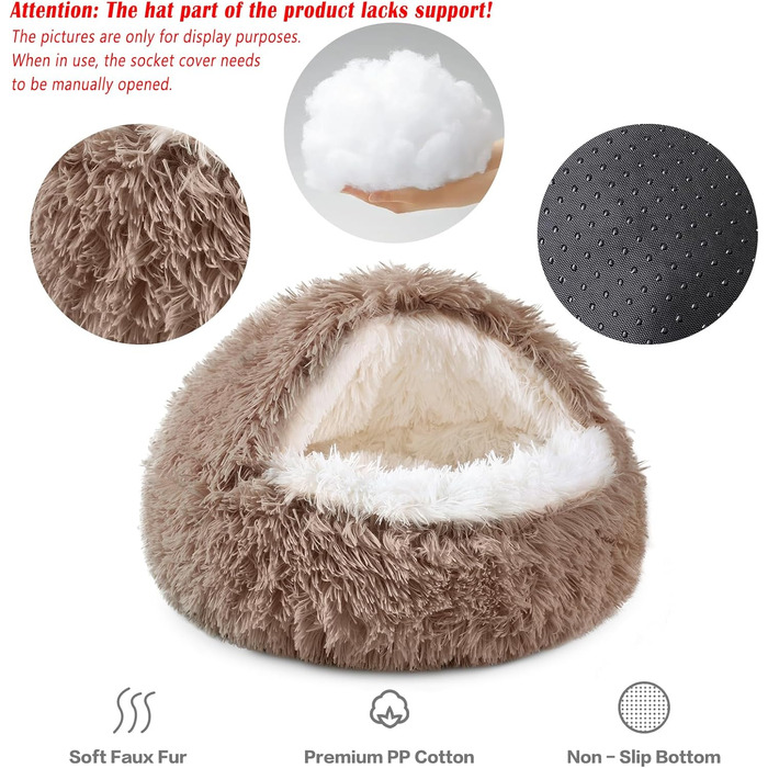 Кругле ліжко для собак NOYAL з капюшоном для маленьких та середніх тварин – плюшеве, м'яке, заспокійливе ліжко-печера для котів та собак, 60x60x43 см, коричневе