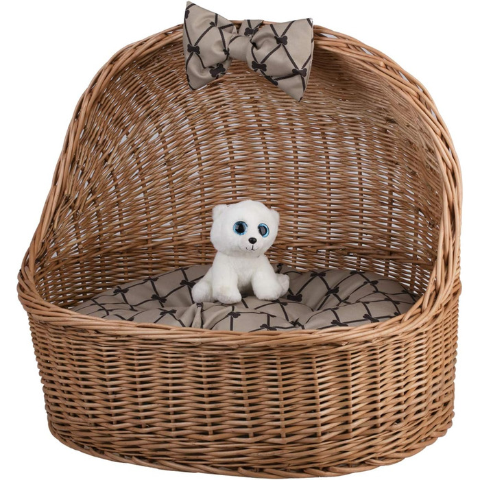 Кремова плетена хата для тварин e-wicker24 з лози з подушкою, кошик для котів і собак