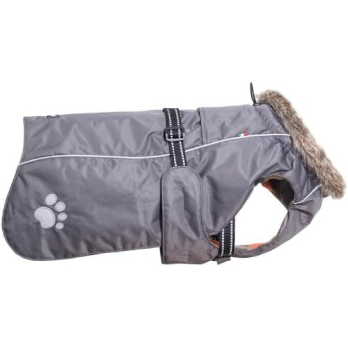 Теплий зимовий пуховик для собак Chiara з шлейкою, сірий, розмір L, з відбиваючими смугами та штучним хутром