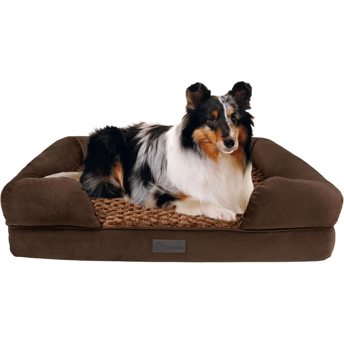 Ортопедичне собаче ліжко для великих собак, водонепроникне, знімний та миючий чохол, віскоеластична піна, заспокійливий плюш, піднятий борт, 90x65x23 см, коричневе