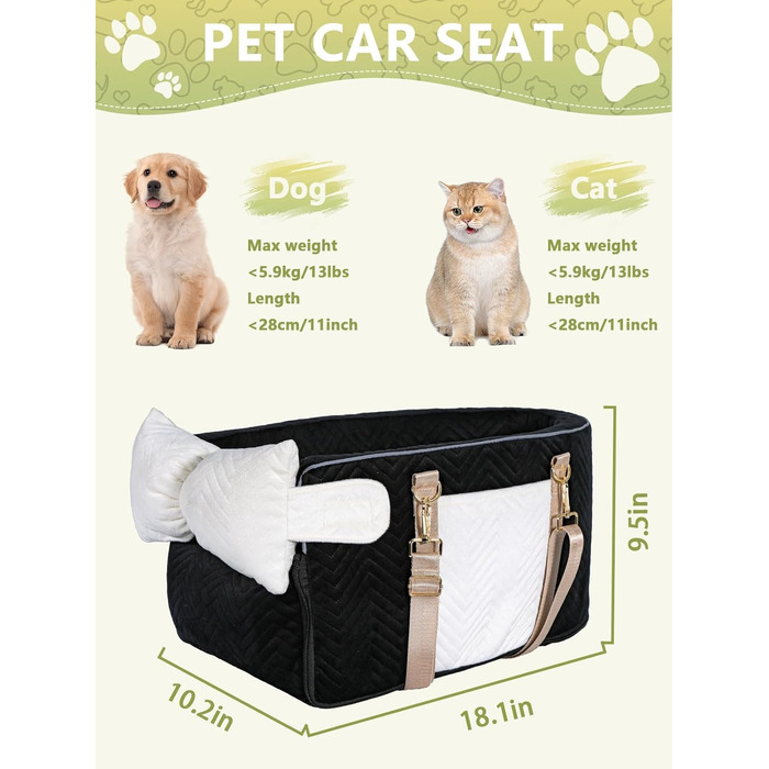Автокрісло для собак маленьких порід, переносне автокрісло з м'яким, пральним подушками, для консолі авто, чорне (до 5,9 кг)