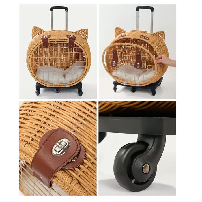 Вінтажна візок для собак та котів з ротангу | Візок для маленьких собак та котів з колесами, телескопічною ручкою | Для прогулянок, подорожей