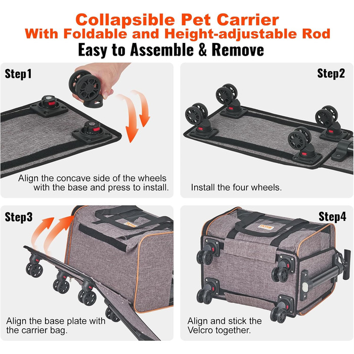 Тролей для собак VEVOR, розкладний, до 15,8 кг, з сумкою для зберігання, 4 колеса, з оксфорду 600D, сірий, ідеальний для подорожей