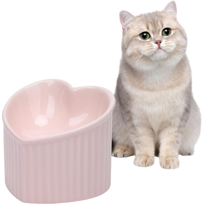 Підвищені миски для котів у формі серця, кераміка, підняті миски для котів, проти блювоти, без стресу, станція для води та корму, придатні для мікрохвильової печі, аксесуари для тварин для маленьких котів та собак (Рожевий)