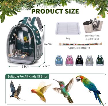 Рюкзак для птахів PETCUTE з дерев'яною жердкою: переноска, транспортна сумка для папуг, зелений