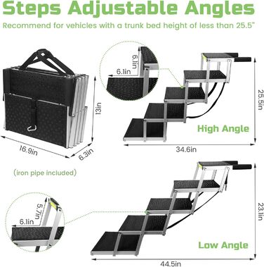 Сходинка для собак Robuster з 6 сходинками, покриття 1680D PVC, антиковзка, легка та портативна – ідеально для авто, SUV, вантажівки – Чорний (106 x 80 x 43 см), алюмінієва конструкція