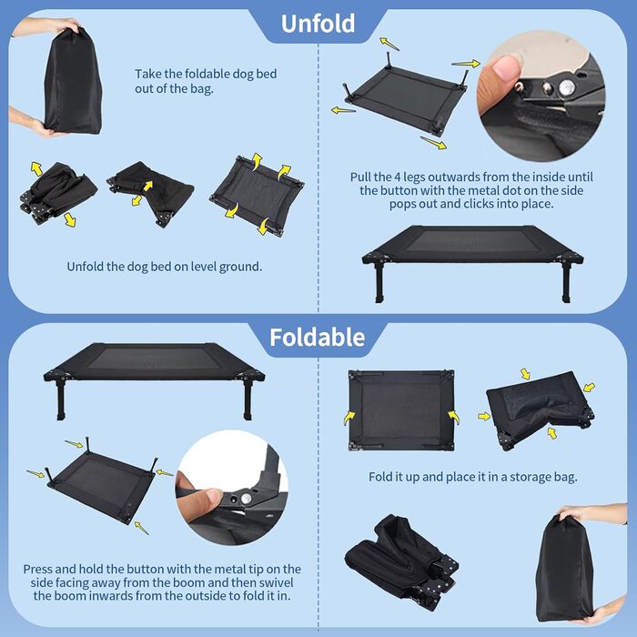 Підвищене собаче ліжко echeckige, складане, з піднятим каркасом та знімним килимком, портативне, вологостійке, для маленьких собак, для дому та вулиці, кемпінг, подорожі (L, чорний)