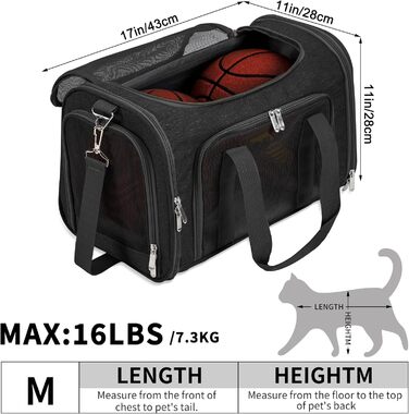 Транспортна сумка для котів/собак/домашніх тварин, складна, для великих котів/маленьких собак, з плечовим ременем та знімною підстилкою, сітчаста переноска для цуценят, до 7,3 кг, чорний колір, розмір M (43*28*28 см)