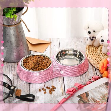 Набір з 2 ошийників для собак та мисок для котів з блискучими стразами, нержавіюча сталь, для цуценят та маленьких собак/котів, рожевий