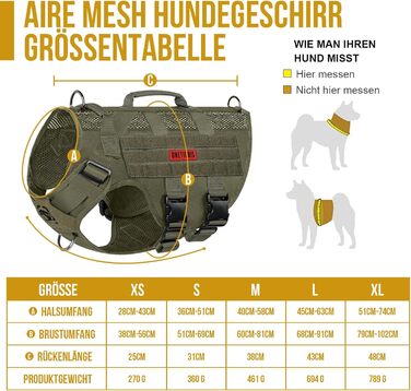 Шлейка для собак OneTigris AIRE MESH, середнього розміру, тактична, анти-тяга, з 2 ручками, регульована, не тягне, дихаюча, зелена, S (ОБ: 36-51 см, Груд: 51-69 см)