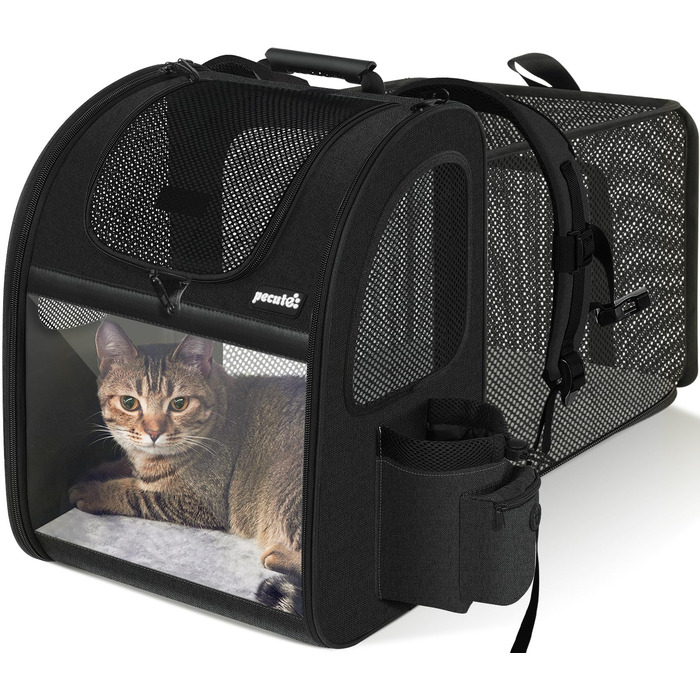 Переноска-рюкзак для собак і котів Pecute з прозорим вікном, чорна (до 6 кг), розширювана, з акрилу