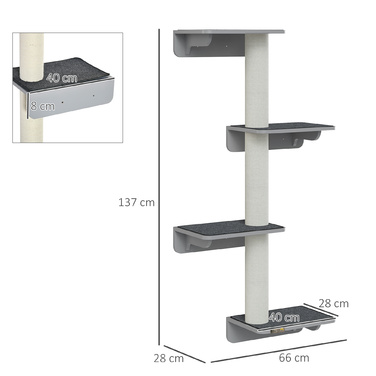Кігтеточка PawHut Wall Cat Climbing Wall 66x28x137см, настінна з дерева в світло-сірому бежевому кольорі, ідеально підходить для любителів кішок